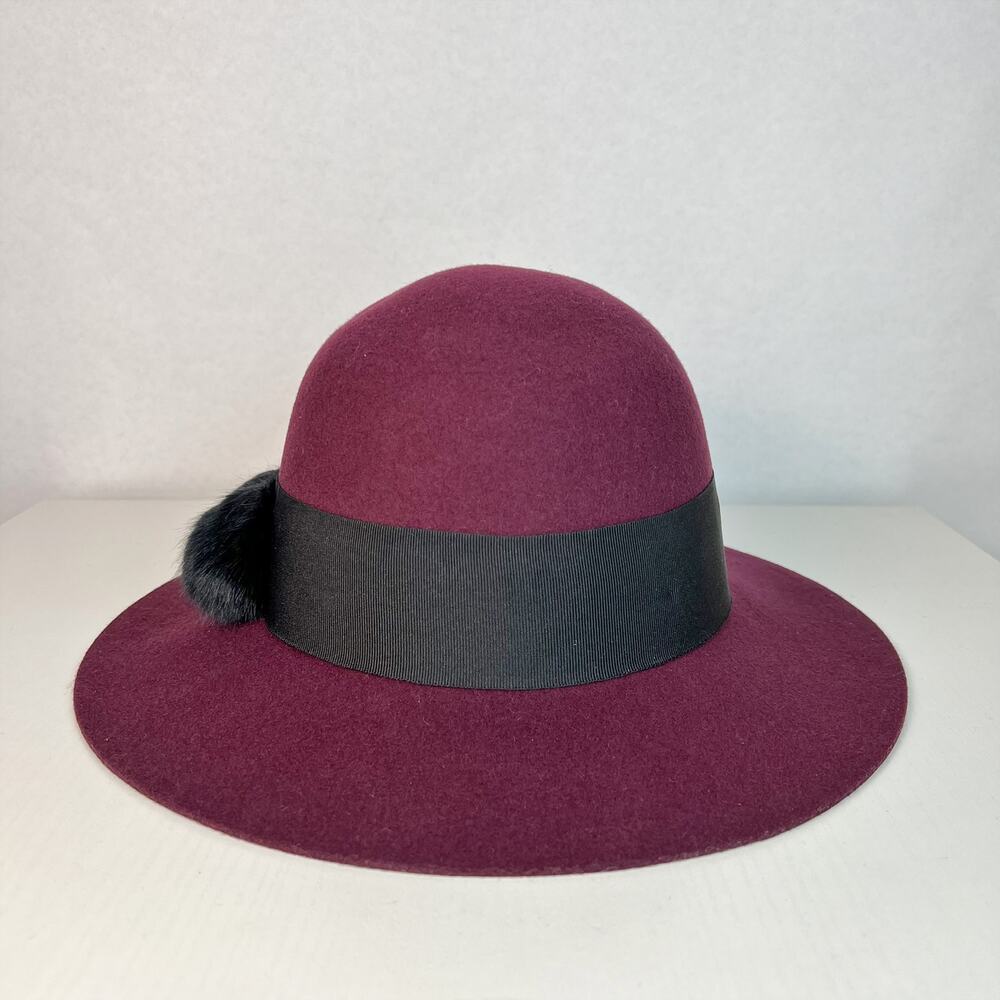 Betmar Burgundy Wool Felt Brim Hat Pom Pom Black Band One Size NEW